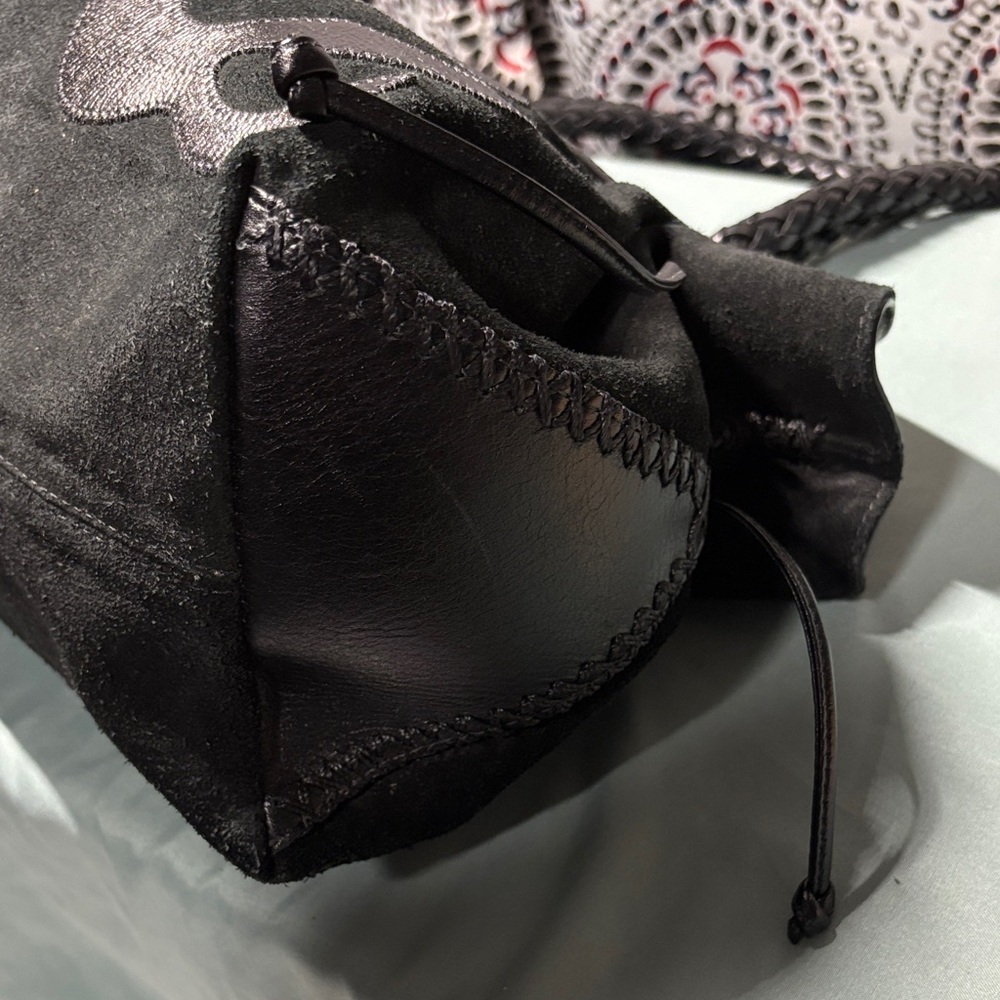 Carlos Falchi Fatto a Mano Black Suede Leather Applique Tote Braided Handle GUC - Picture 5 of 13